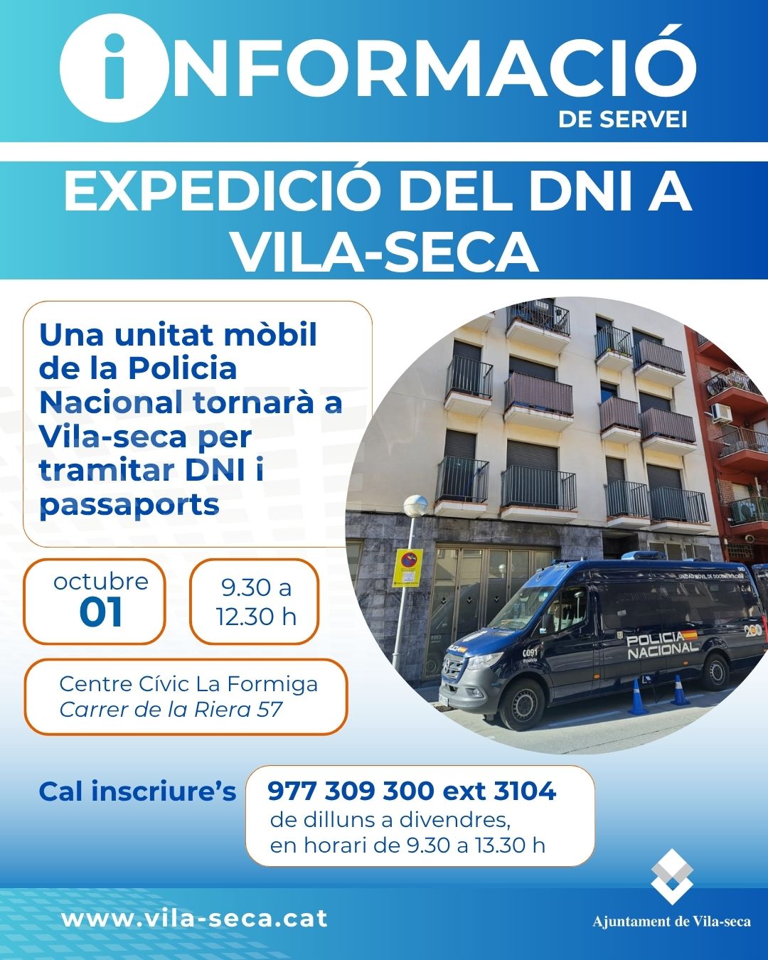 Dijous 1 d’octubre, nou dia per a tramitar  el DNI i passaport a Vila-seca